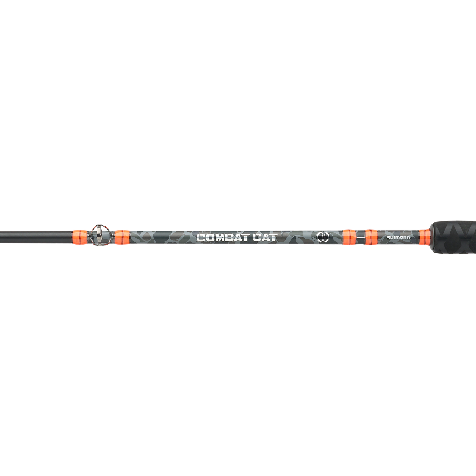 A close-up of a fishing rod section featuring a black and gray camouflage pattern with bright orange accents, white 'COMBAT CAT' branding, and a black textured handle on the right, set against a plain white background.