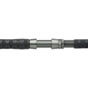 Close-up of a fishing rod blank and handle section, showing a textured dark gray grip with a repeating geometric pattern, a metallic silver ferrule, and a threaded section, isolated on a white background.