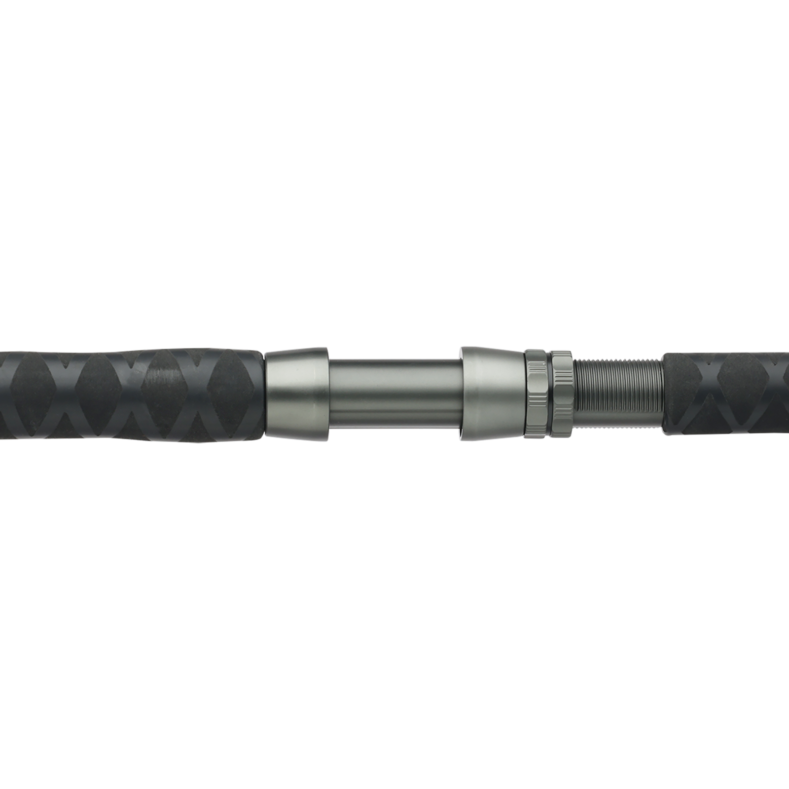 Close-up of a fishing rod blank and handle section, showing a textured dark gray grip with a repeating geometric pattern, a metallic silver ferrule, and a threaded section, isolated on a white background.