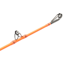 A close-up of a bright orange fishing rod blank with black guides, shown diagonally against a plain white background.