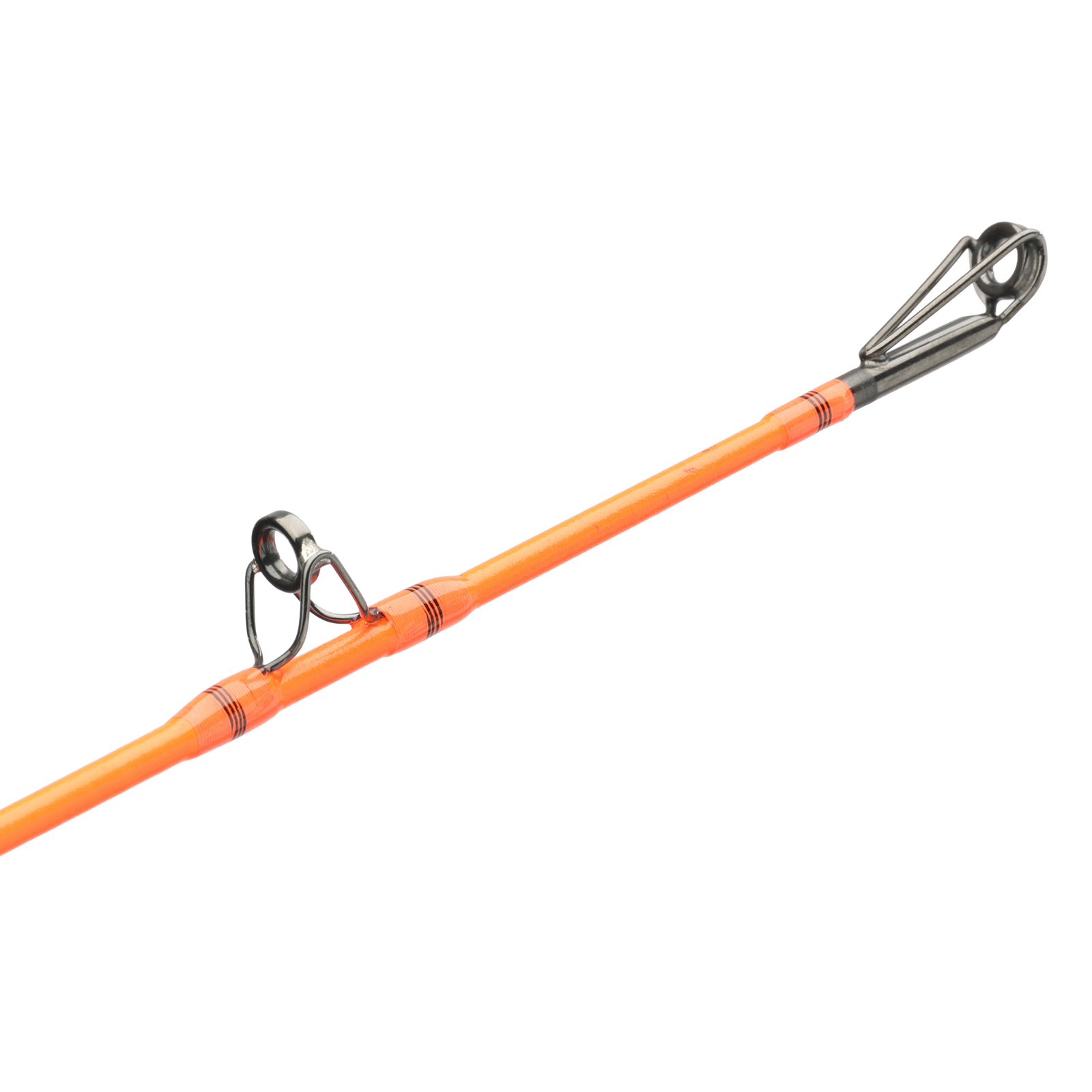 A close-up of a bright orange fishing rod blank with black guides, shown diagonally against a plain white background.