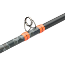 Close-up of a fishing rod section with a black handle, gray camouflage lower section, and bright orange accent rings around a metal reel seat on a white background.