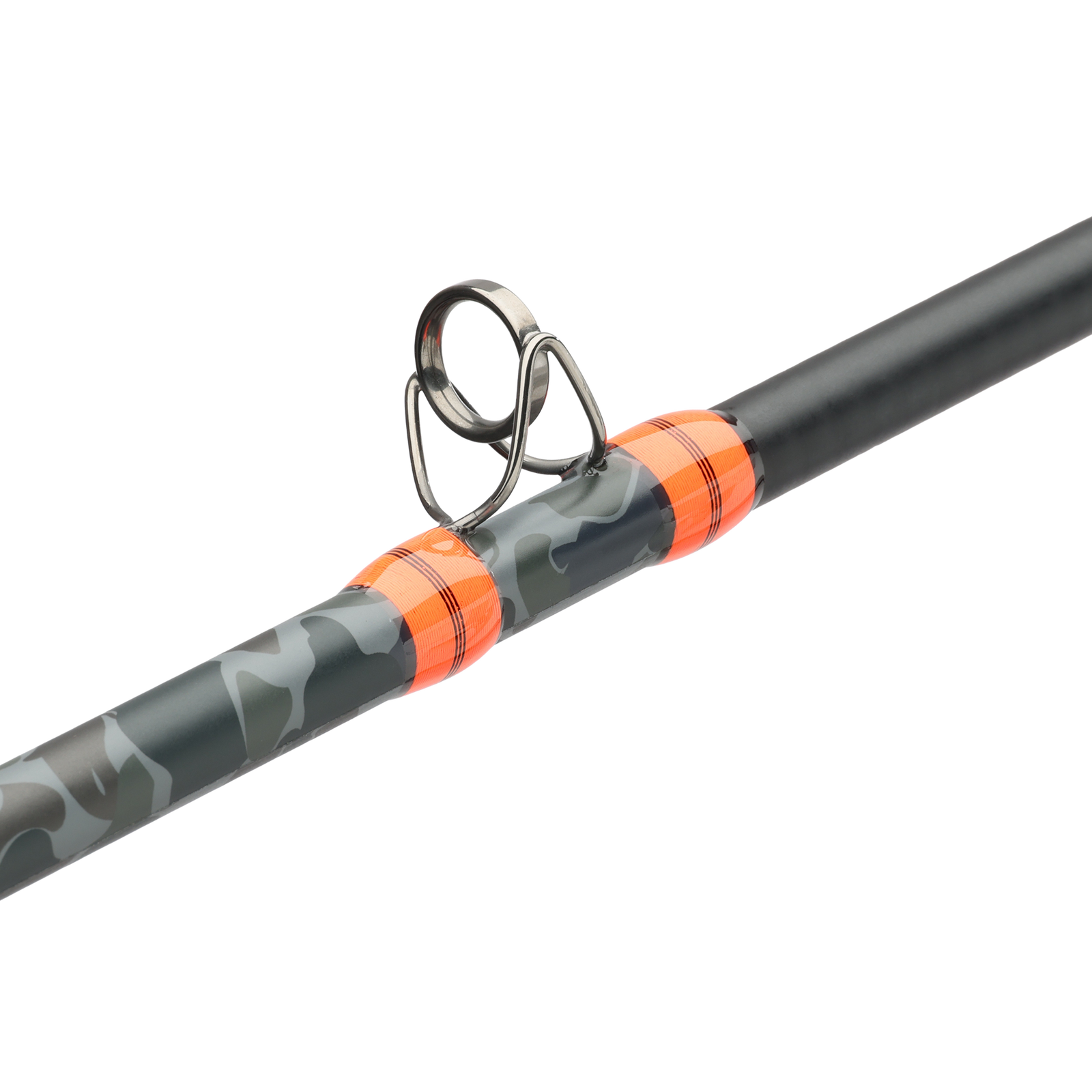Close-up of a fishing rod section with a black handle, gray camouflage lower section, and bright orange accent rings around a metal reel seat on a white background.