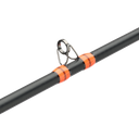 Close-up of a black fishing rod section with a metal line guide and bright orange wrap bands on a white background.