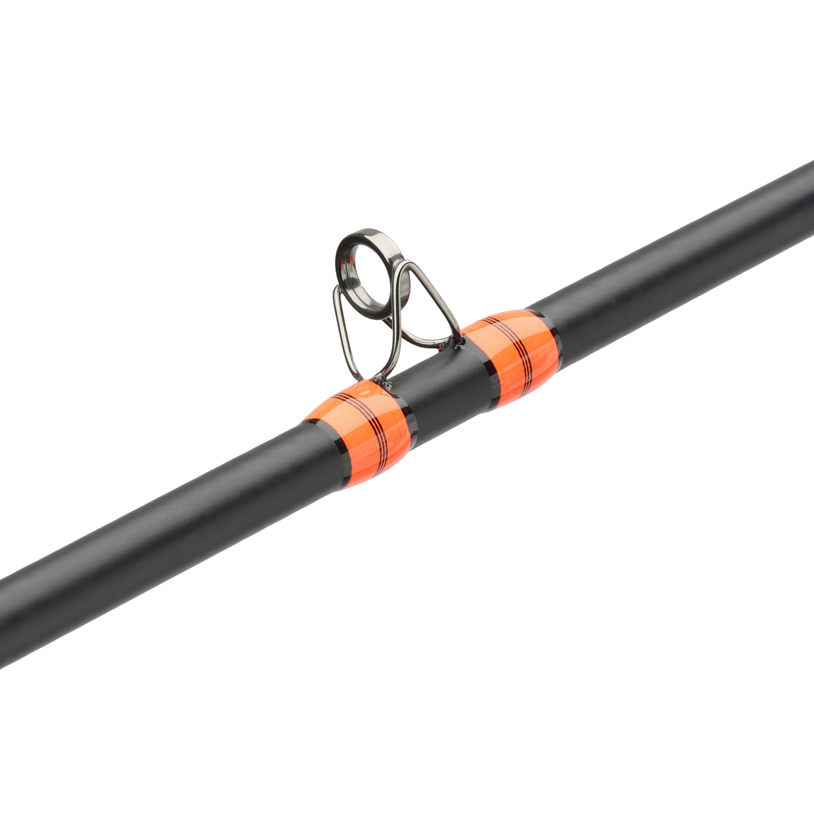 Close-up of a black fishing rod section with a metal line guide and bright orange wrap bands on a white background.