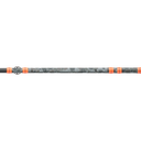 A close-up of a fishing rod section showing a dark gray and black camouflage pattern with bright orange accents and white text, set against a plain white background.
