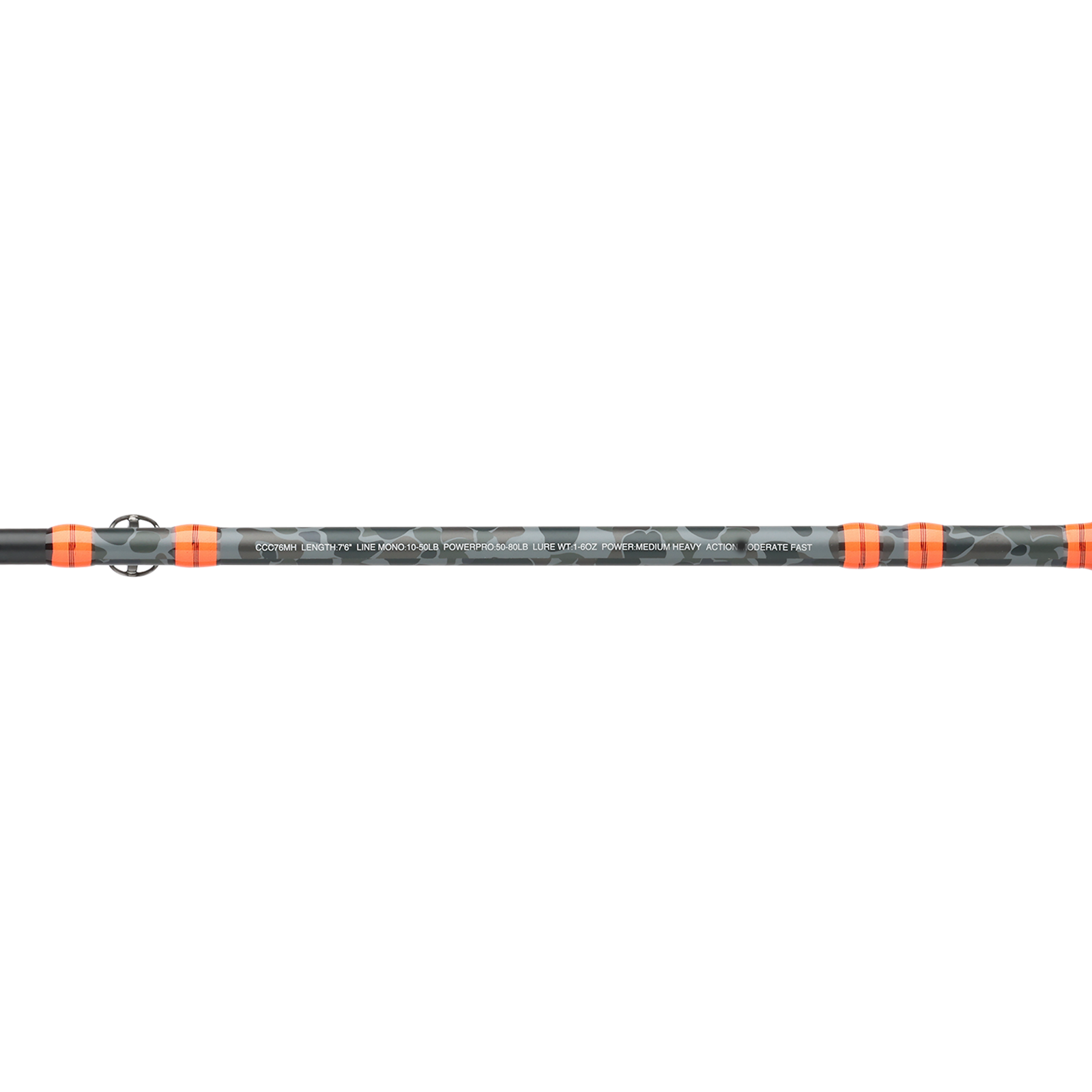 A close-up of a fishing rod section showing a dark gray and black camouflage pattern with bright orange accents and white text, set against a plain white background.