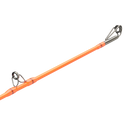 An orange fishing rod shown diagonally against a solid white background, featuring metallic silver guides.