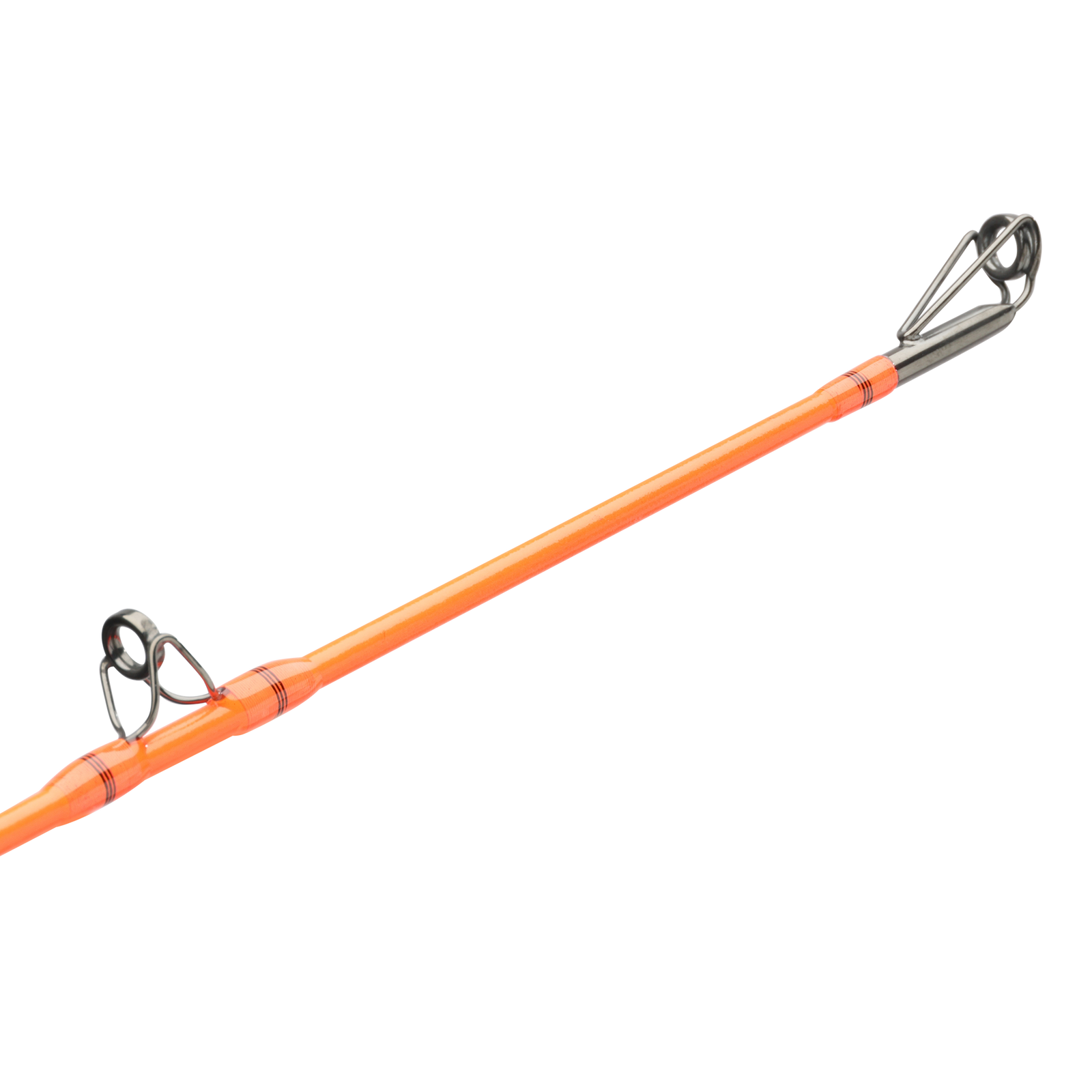 An orange fishing rod shown diagonally against a solid white background, featuring metallic silver guides.