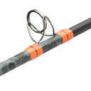 Close-up of a fishing rod section with a black handle, gray and black camouflage pattern, bright orange accents, and a metallic multi-ring reel seat on a white background.