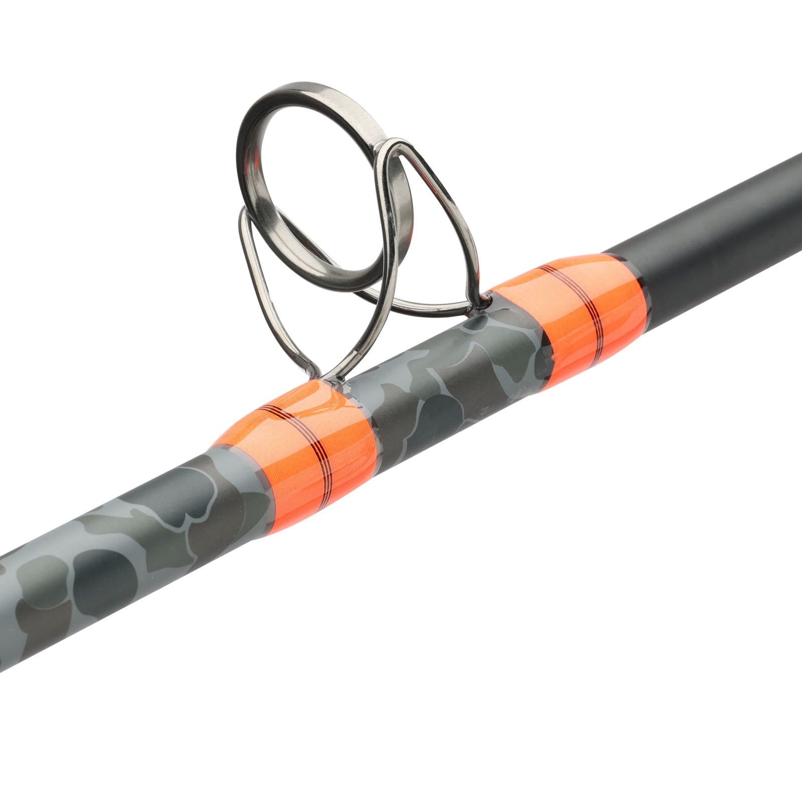 Close-up of a fishing rod section with a black handle, gray and black camouflage pattern, bright orange accents, and a metallic multi-ring reel seat on a white background.