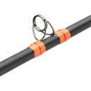 Close-up of a black fishing rod section with bright orange wraps and a metallic silver guide ring on a plain white background.