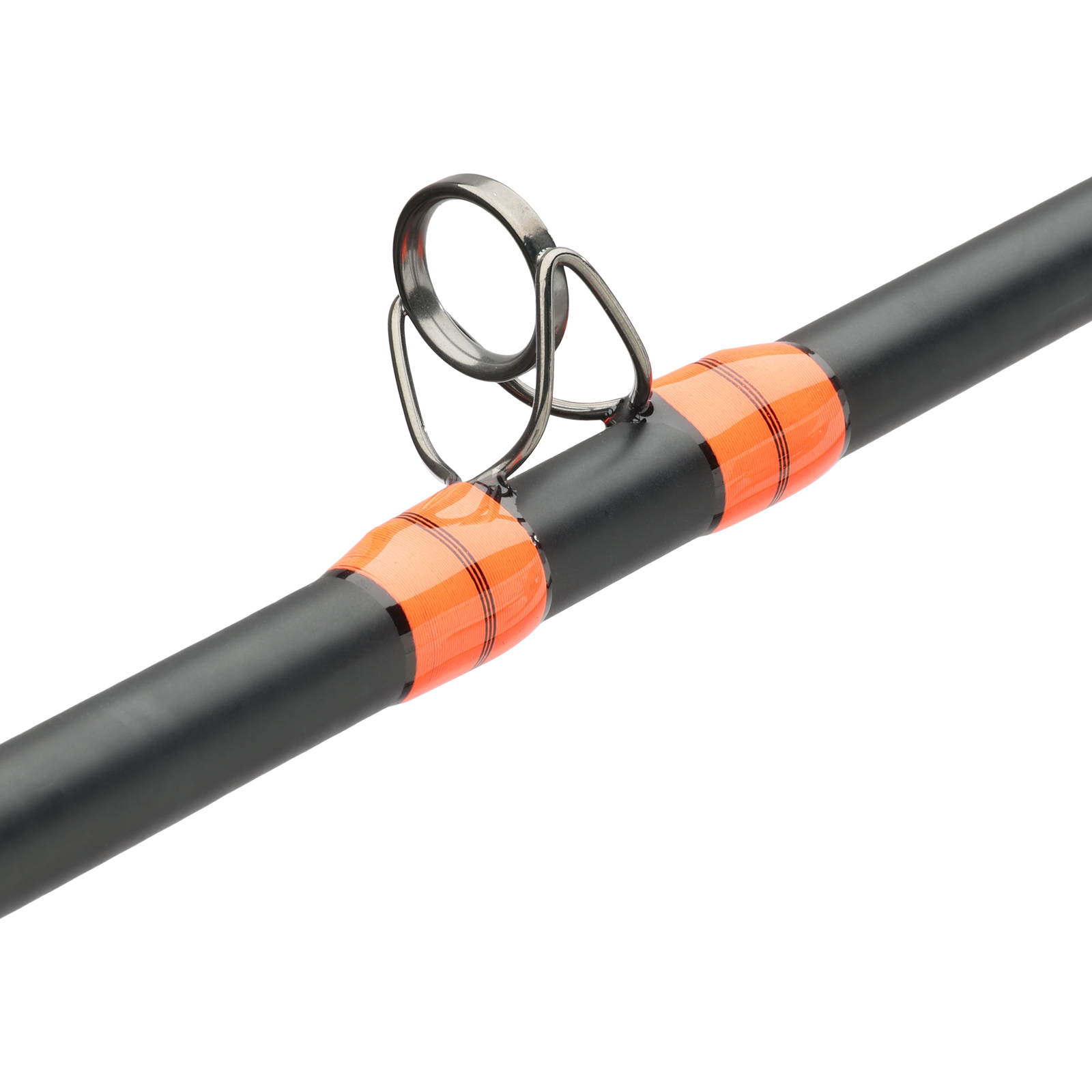 Close-up of a black fishing rod section with bright orange wraps and a metallic silver guide ring on a plain white background.