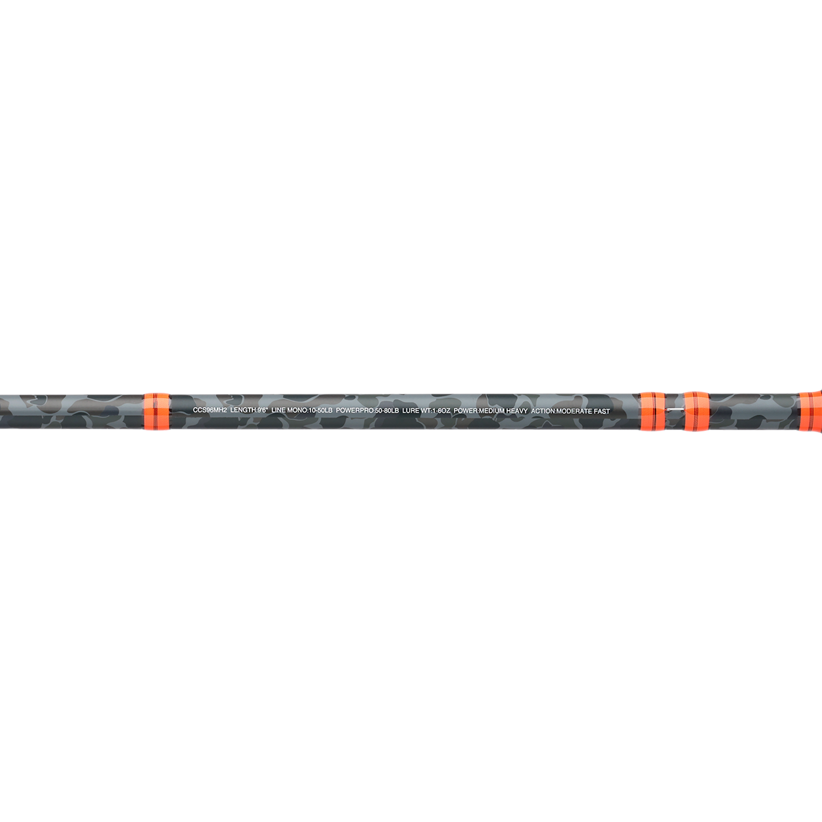 A close-up horizontal view of a carbon fishing rod blank featuring a dark gray and black camouflage pattern with bright orange accent bands.