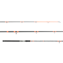 Three views of a fishing rod shown horizontally on a plain white background: full length, top view, and side view. The rod is predominantly black with bright orange accents and a textured black grip handle.