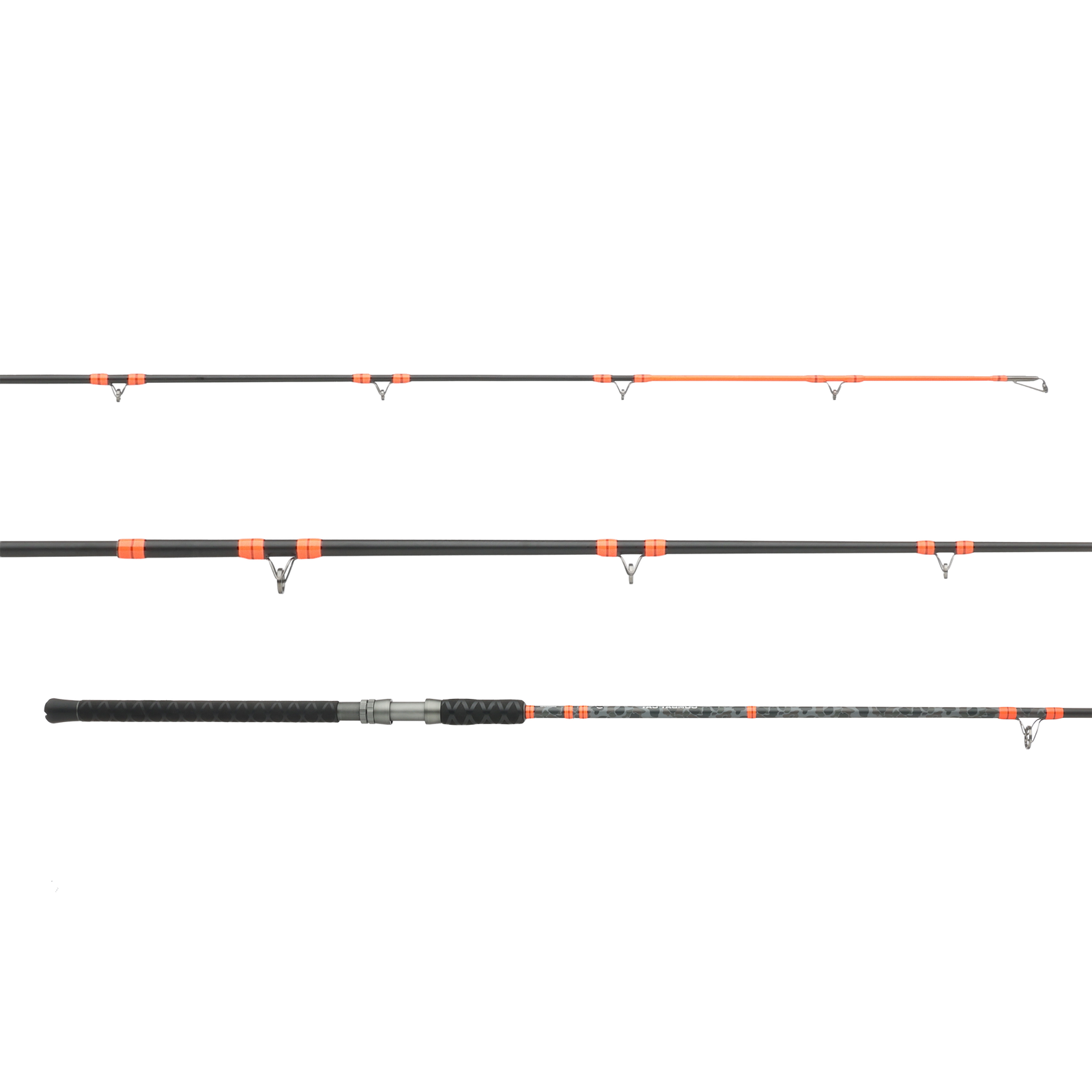 Three views of a fishing rod shown horizontally on a plain white background: full length, top view, and side view. The rod is predominantly black with bright orange accents and a textured black grip handle.
